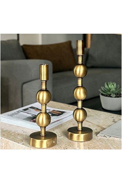 2'li Kalem Mumluk Gold Eskitme Şamdan&Mumluk obje dekor metal salon aksesuarı