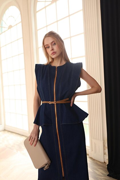 HOPEFUL DESGN Women's Denim Navy Blue Belt Detailed Midi Dress- Trendyol HOPEFUL DESGN Women's Denim Navy Blue Belt Detailed Midi Dress- Trendyol
