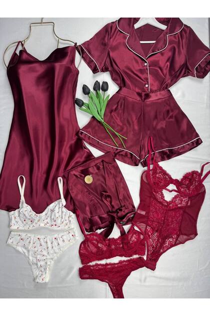 9-Piece Boxed Premium Dowry Set Satin Pajamas Nightgown Robe Lingerie Set