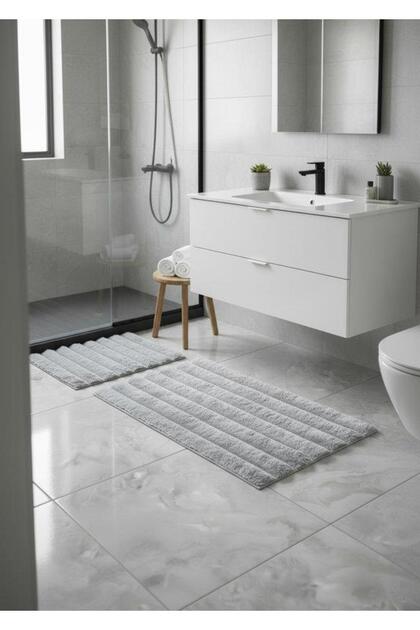 Rabbit Hair Gray Toilet Set Bathroom Mat Non-Slip Tpr Base Washable Set of 2 40X60-60X100
