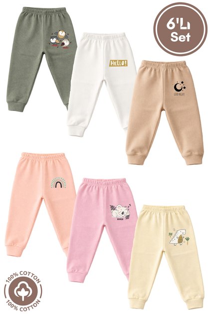 Unisex Baby Combed Organic Cotton Random Printed 6-18 Months Cuffed Baby Pants 6-Piece Single Bottom