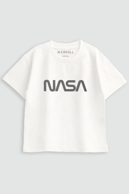تي شيرت مطبوع عليه شعار NASA للأولاد، مصنوع من القطن بنسبة 100%، بتصميم فضائي (5-12 سنة)