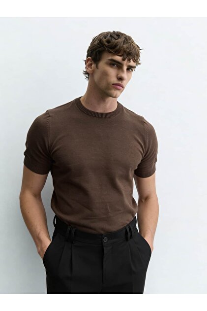 Basic Soft Kahve Kısa Kol Triko T-shirt SS7147