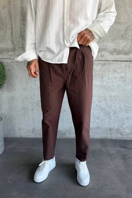 Men's Boyfriend Style Pleated Elastic Waist Brown Linen Trousers Summer Ke-1900