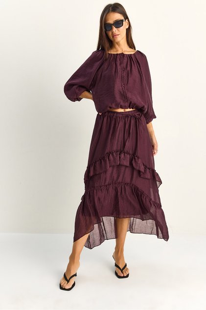 Women's Purple Elastic Waist Boat Neck Blouse Asymmetrical Fold Detailed Maxi Skirt Lined Suit 7646 60286142