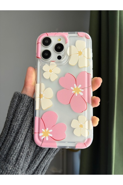 Pink and Cream Floral Pattern Transparent Phone Case Compatible with iPhone 14 Plus and iPhone 15 Plus