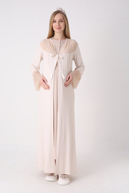 Cotton Lace Detailed Maternity Dressing Gown and Nightgown Set - Breastfeeding Compatible Maternity Pajama Set