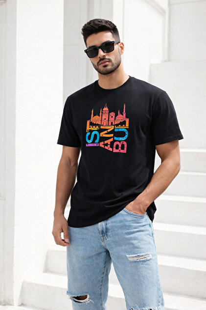 Men's Black Basic Istanbul Printed Cotton T-Shirt
