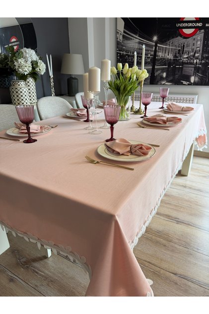 Royal Linen Textured Lace Detailed Powder Pink Tablecloth (Napkins Not Included)