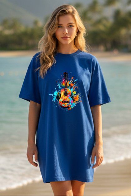 Elbisee Women's Red Oversize T-Shirt Dress – Colorful Guitar Print