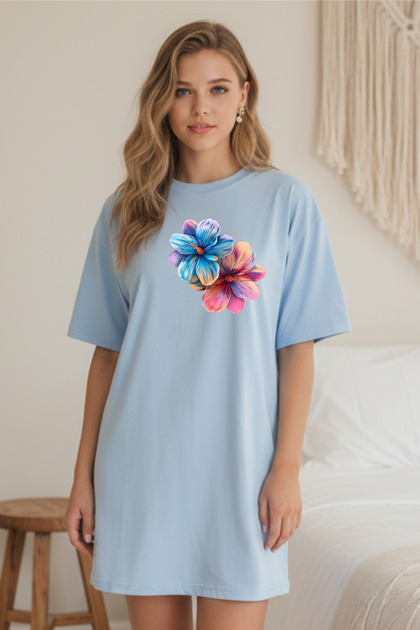 Elbisee Women's Red Oversize T-Shirt Dress – Colorful Double Floral Print