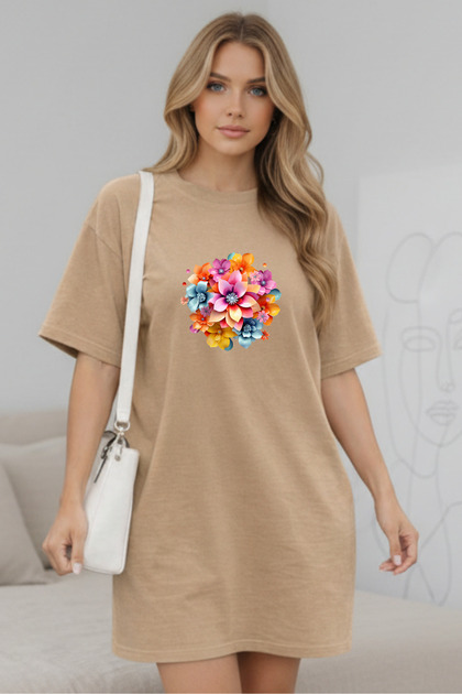 Elbisee Women's Red Oversize T-Shirt Dress – Colorful Floral Bouquet Printed