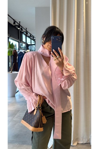 Pink Ruffle Detail Padded Shoulders Blouse - 1016