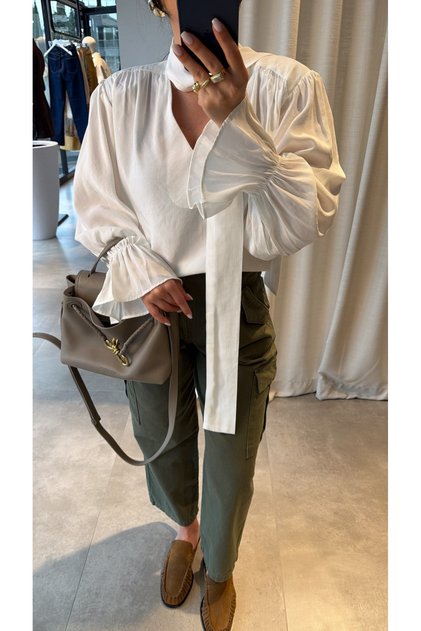 White Ruffle Detail Padded Shoulders Blouse - 1016