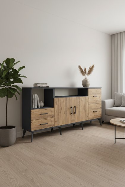 Silva Konsol 3 Raflı 4 Çekmeceli Antrasit-Çam 176x30x83 - Gümüşlük - Komodin - Konsol - TV Sehpası - Ünitesi - Büfe - Balkon - Salon