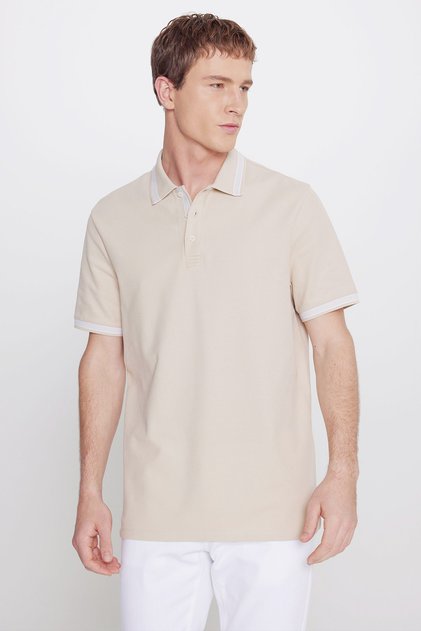 Men's Beige 100% Cotton Comfort Fit Relaxed Cut Polo Collar T-Shirt
