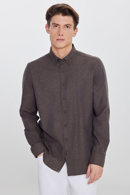 Erkek Kahverengi Pamuklu Slim Fit Dar Kesim Düğmeli Yaka Diagonal Desenli Flanel Gömlek