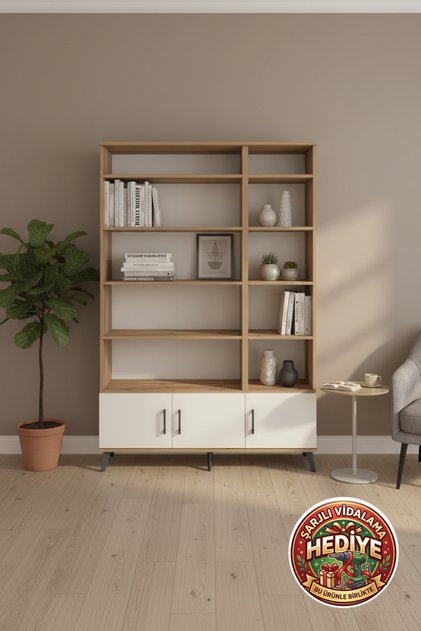 Silva 10 Raflı 3 Kapaklı Dolap Kitaplık 132x30x195 Çam-Aytaşı: Şıklık ve Fonksiyonel Çözüm
