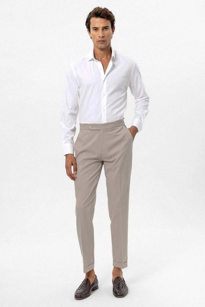Light Beige High Waist Regular Fit Men's Trousers
