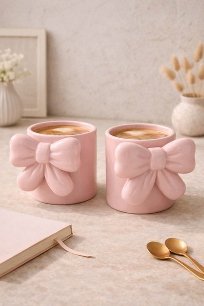2 Pieces of Aesthetic Ceramic Mug with Pink Bow Design, Handmade Textured Gift Coffee and Latte Cup