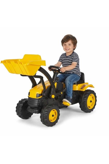 Tractor cu pedale copii cu cupa frontala, galben, scaun reglabil, 3+ ani