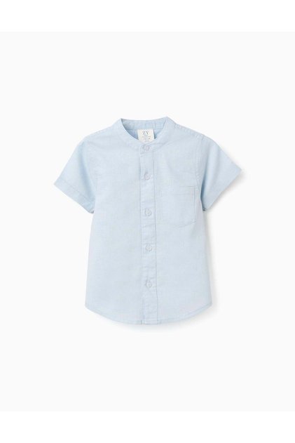 Linen And Cotton Short Sleeve Shirt With Pocket For Baby Boys, Light Blue
