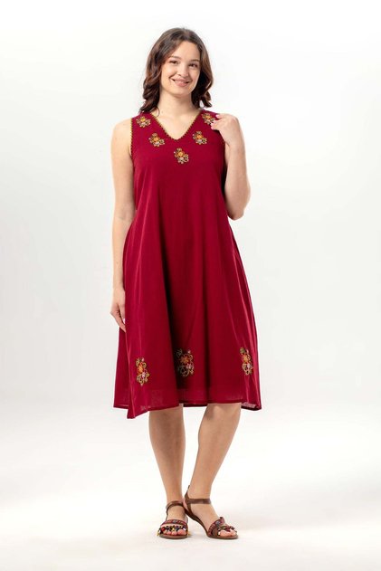 Sleeveless Legendary V-Neck Embroidered Summer Chiffon Midi Dress Burgundy Brd