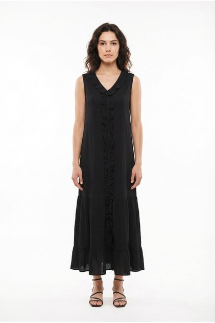 Sleeveless Sea Frilly V-Neck Summer Muslin Long Dress Black Syh