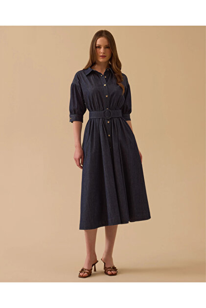 Midi Boy Beli Lastikli Denim Elbise