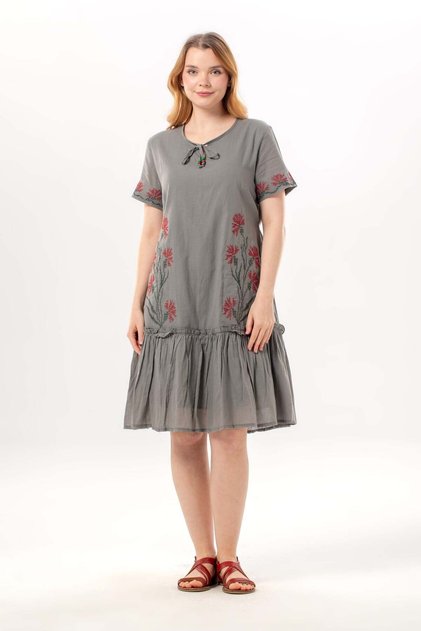 Short Sleeve Rose Ribbon Lace V-Neck Embroidered Summer Voile Short Dress Gray Gray