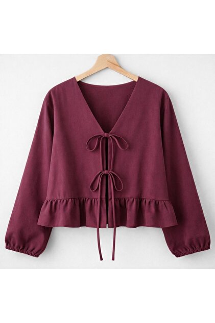 Plum Color Tie-Front Ruffled Skirt Top Kimono Shirt
