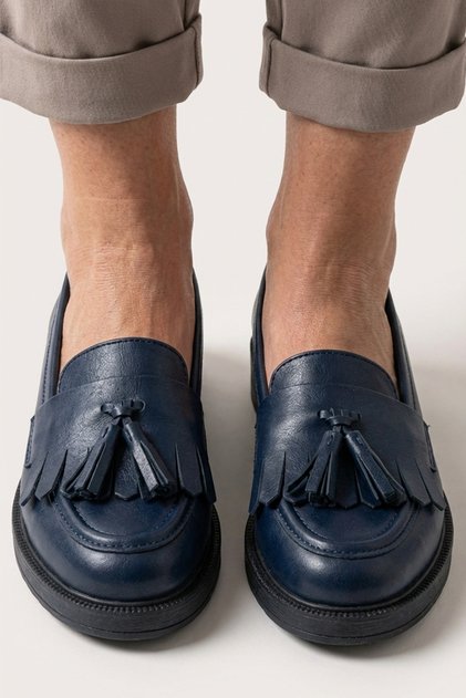 Tasseled Navy Blue Genuine Leather Women's Loafer Shoes Daily Classic Tassel Detailed Shoes