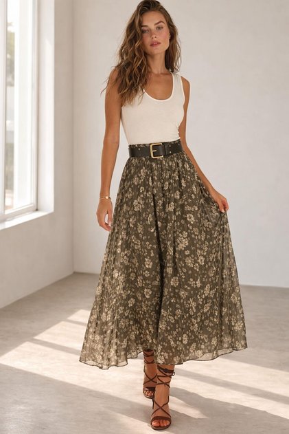 Belted Floral Patterned Chiffon Skirt Khaki