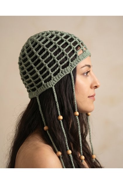 mihal boutique Soft Yeşil El Örgüsü Kroşe File Şapka Bandana