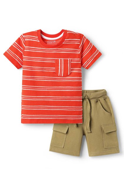 Single Jersey Knit Half Sleeves Striped T-Shirt & Shorts Set - Red & Khaki
