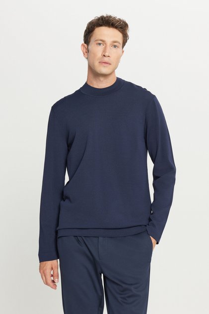 Men's Navy Blue Standard Fit Regular Cut Half Turtleneck Basic Knitwear Sweater