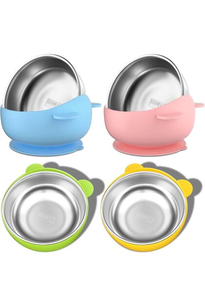 Stainless Steel Baby Bowls with Suction,2-in-1 SUS304 Toddler & Kids Bowl,Removable Silicone,Anti-Scald,Safe Snack Container,4 Colors Set