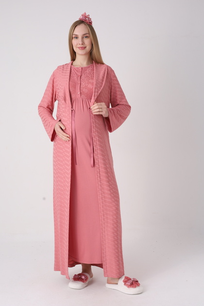 Pajama-Style Short-Sleeved Maternity Nightgown 2-Piece Set