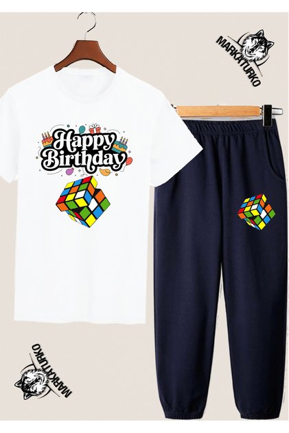 Happy Birthday Intelligence Cube Custom Design White T-Shirt-Dark Blue Sweatshirt Combination
