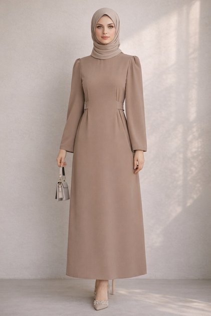 Hakim Collar Waist Detailed Long Hijab Dress – Stylish & Elegant Casual/Special Occasion - Mink