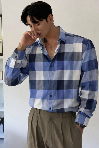 Men's Plaid Checkered Shirt Slim Fit Cotton Blend Classic Style Long Sleeve Shirt