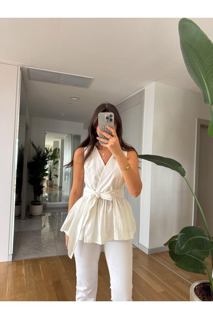 Women's White Belted V-Neck Blouse