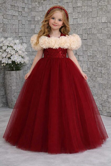 BOZTA BEBE Tutu Rose Decorated Long Skirted Evening Dress & Burgundy Long  Skirted Dress Costume- Trendyol