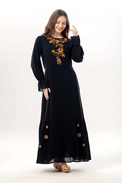 Eli ile Bezi Long Sleeve Aysu Embroidered Crew Neck Shile Fabric Summer  Long Dress Black Syh- Trendyol