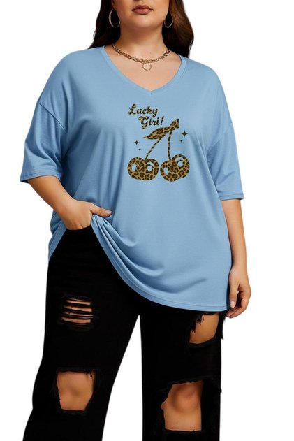 Cherry Printed Large Size V-Neck Oversize Unisex T-Shirt 1Cz6