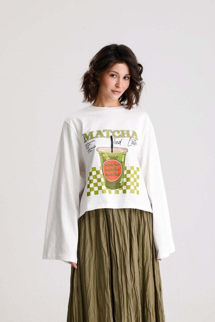Tricou de damă ecru cu mâneci largi, supradimensionat, imprimat 31101