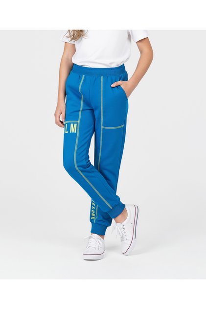 Knit Full Length Lounge Pants with Text Print - Blue