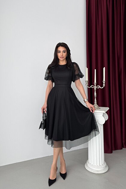 Serica Moda Black Balloon Sleeve Mesh Fabric Midi Evening Dress- Trendyol