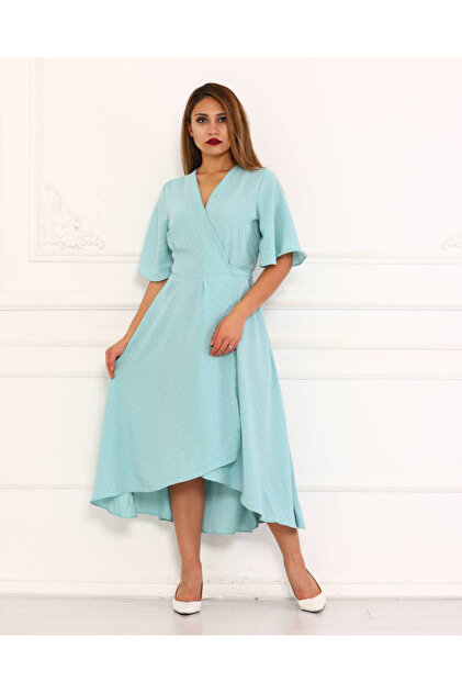 FRIST STYLE Turkish Midi Dress in Tiffany Color, V-Neck Model.- Trendyol
