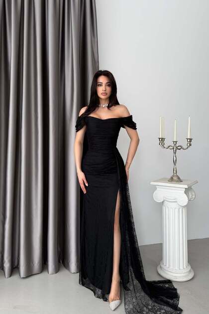 Black Off-Shoulder Draped Lace Fabric Evening Dress